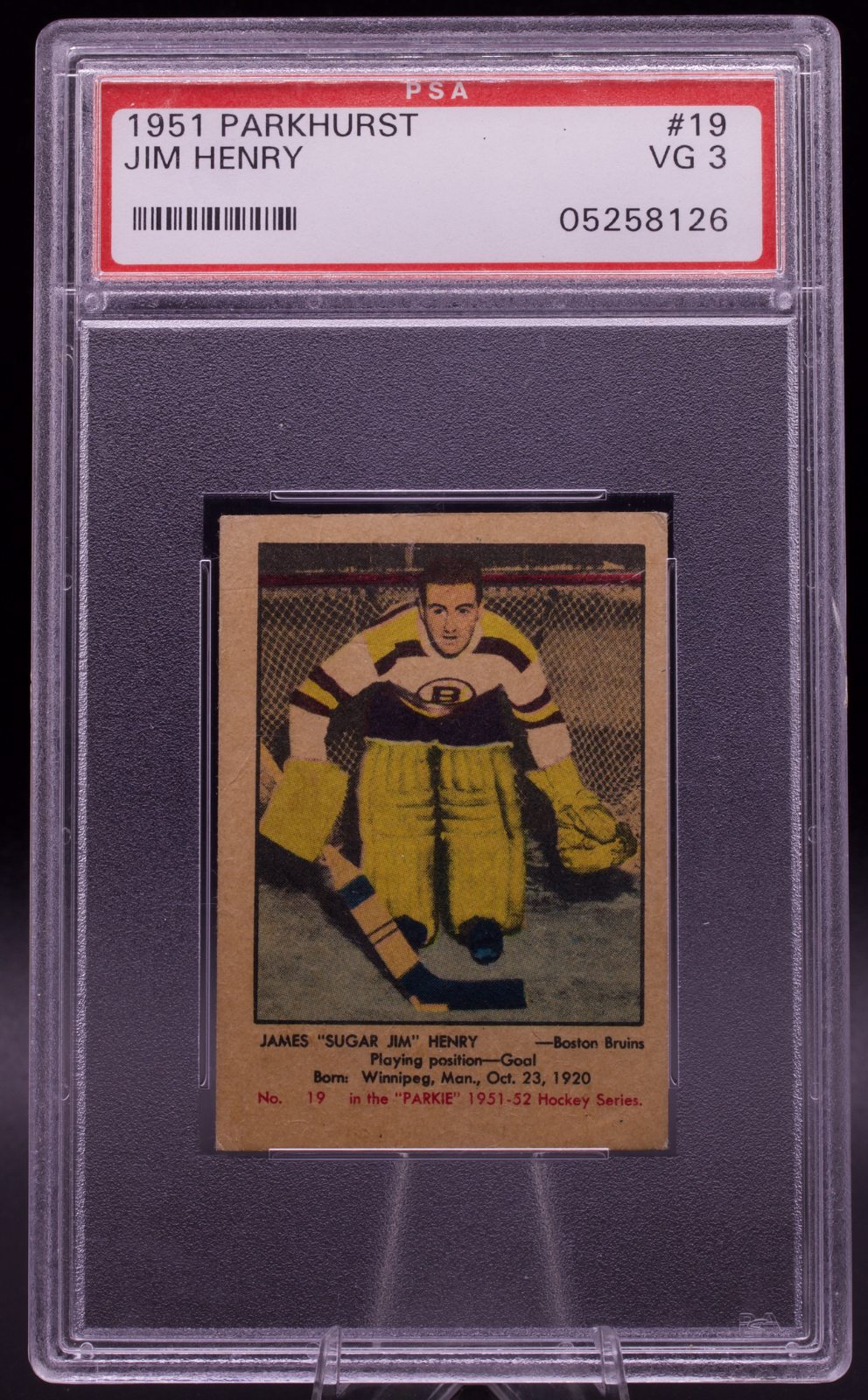 1951 Parkhurst Jim Henry #19 PSA 3 VG Vintage Boston Bruins Blank Back