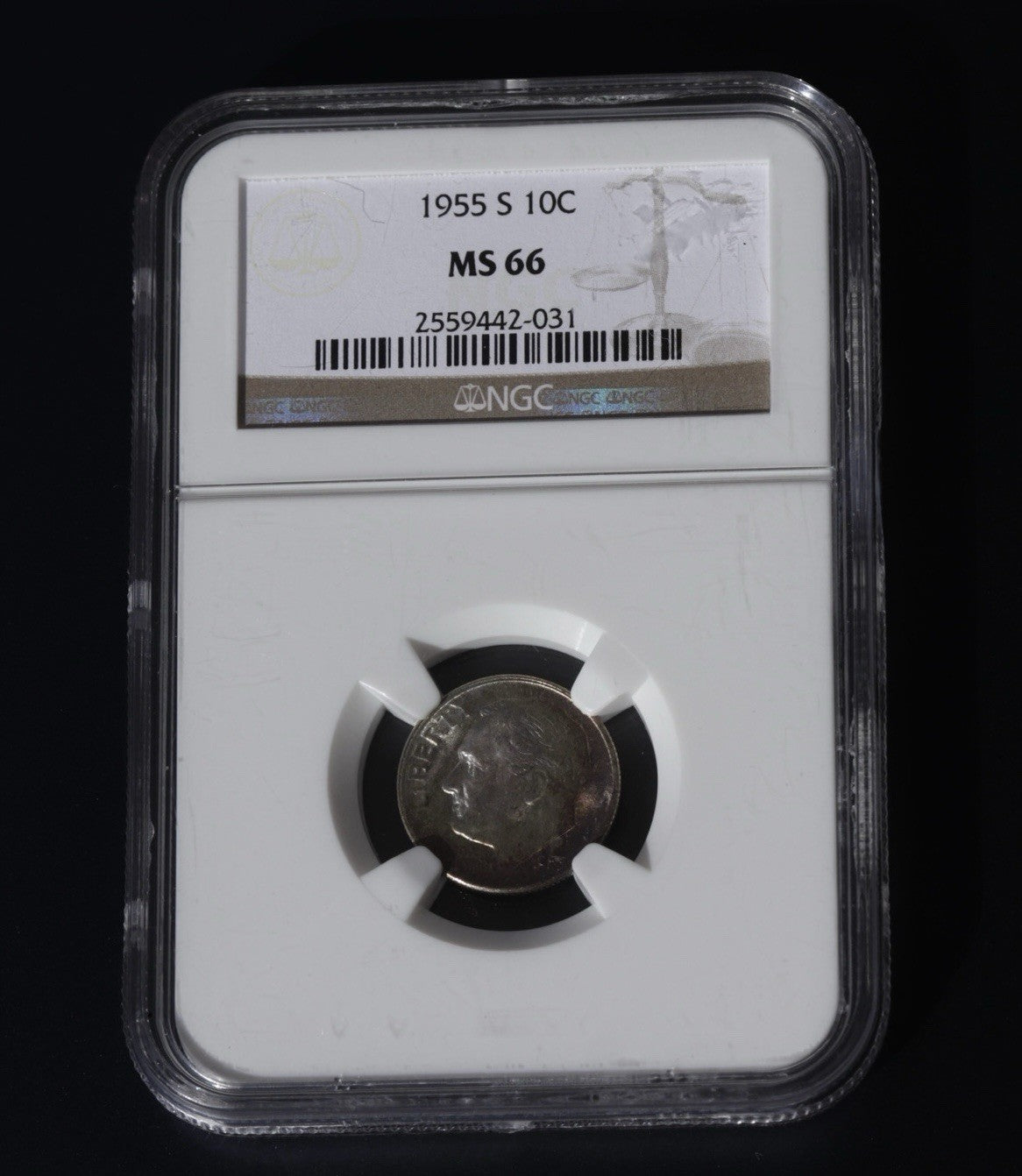 1955-S Roosevelt Dime MS66 NGC • Vibrant Obverse Toning • San Francisco Mint Gem