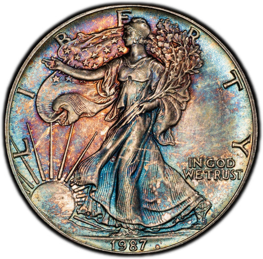 1987 Silver Eagle PCGS MS67 • Monster Toning • Blue Green Copper Color