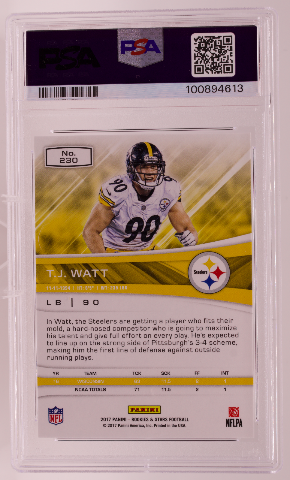 2017 Panini Rookies & Stars T.J. Watt RC #230 PSA 9 MINT Pittsburgh Steelers