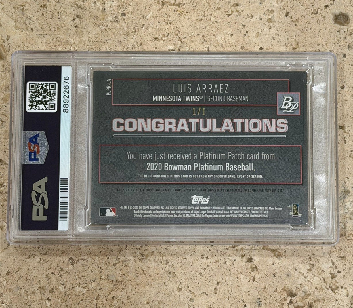 2020 Bowman Platinum Luis Arraez Platinum Cut Auto Patch 1/1 PSA 8