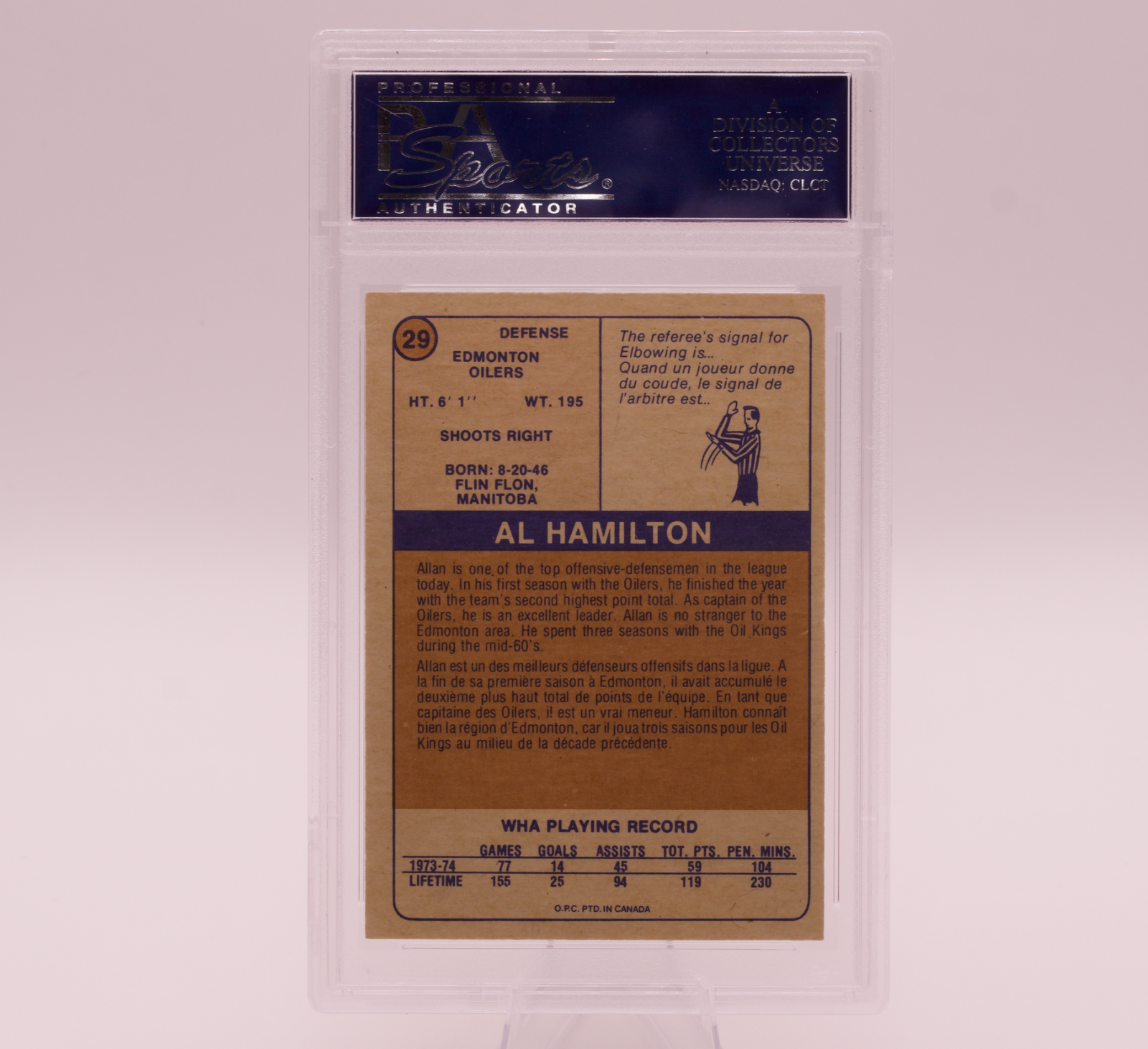1974 O-Pee-Chee WHA Al Hamilton #29 PSA 9 MINT Edmonton Oilers Hockey Card