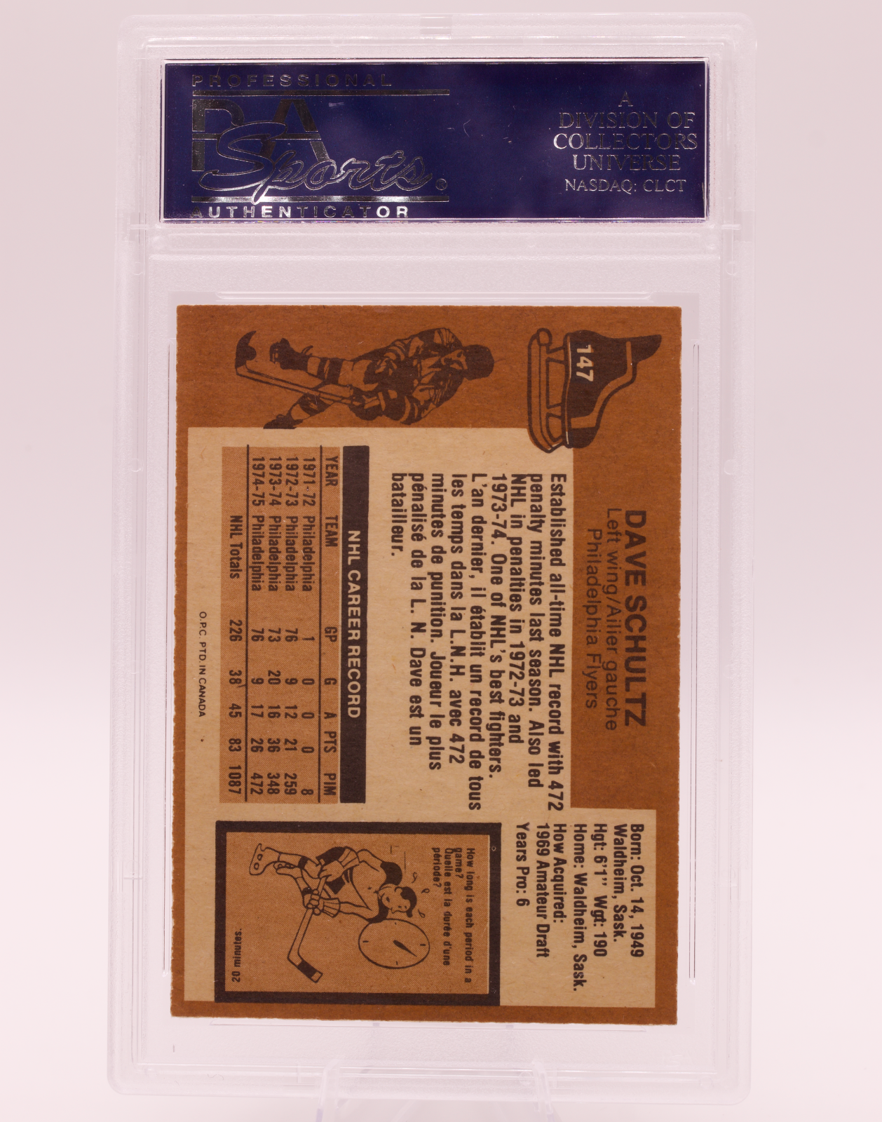 1975 O-Pee-Chee #147 Dave Schultz PSA 8 NM-MT Philadelphia Flyers OPC Hockey