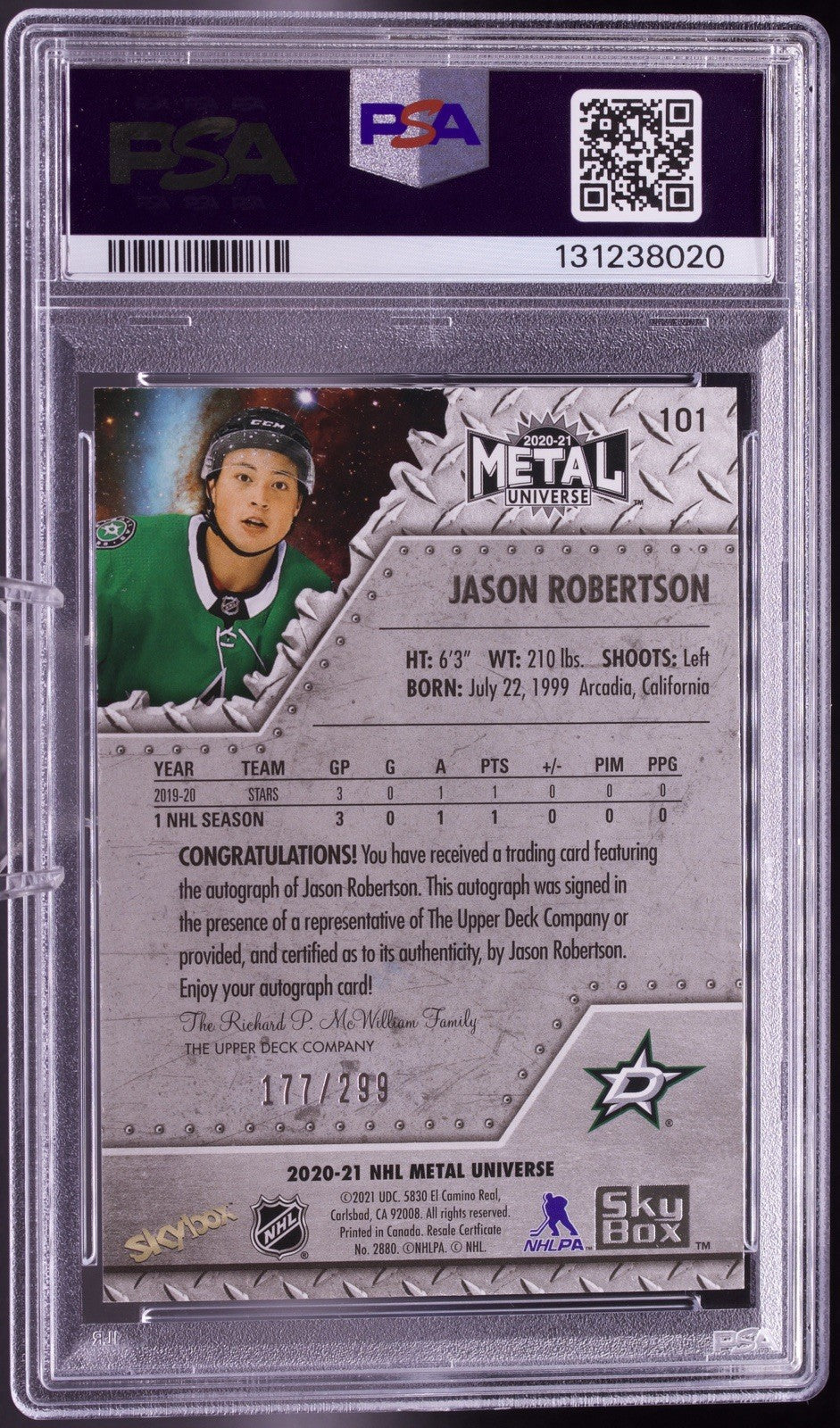 2020-21 Metal Universe Jason Robertson ROOKIE AUTO /299 #101 PSA 8 NM-MT