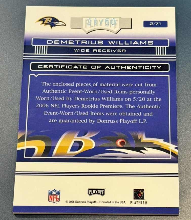 2006 Absolute Spectrum Demetrius Williams Auto Patch Ball RC /50 Ravens RPA