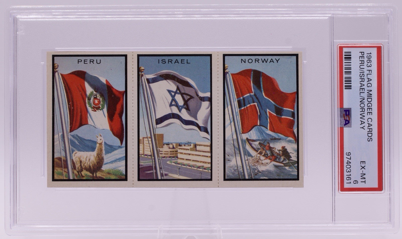 1963 Flag Midgee Cards Peru Israel Norway PSA EX-MT 6 Vintage Uncut Strip