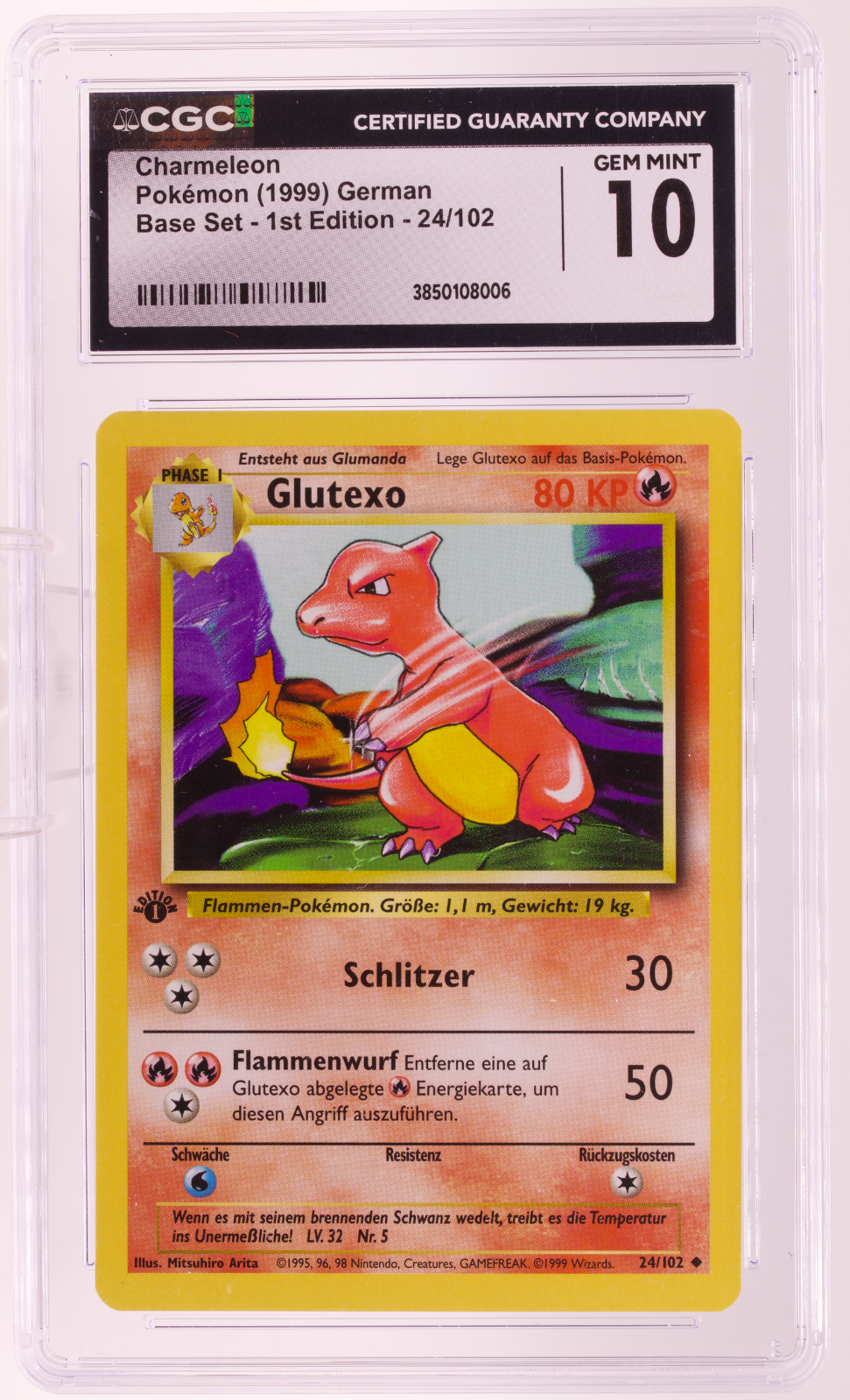 1999 Pokemon German Base Set 1st Edition Charmeleon Glutexo 24/102 CGC 10 Gem