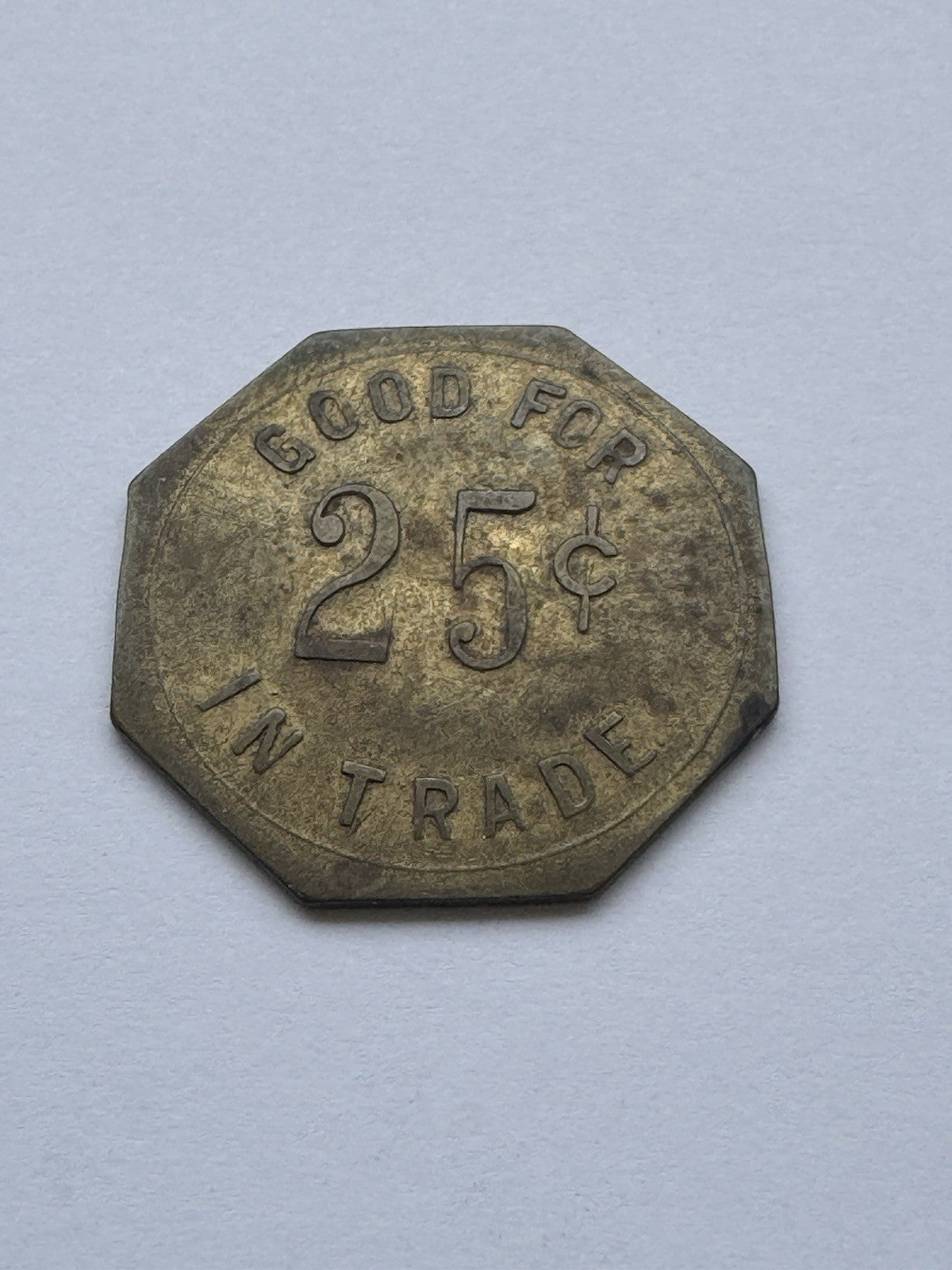  Benson Bros. Houston MN 25¢ Octagon Trade Token Brass “Hurry Back” Bar Token