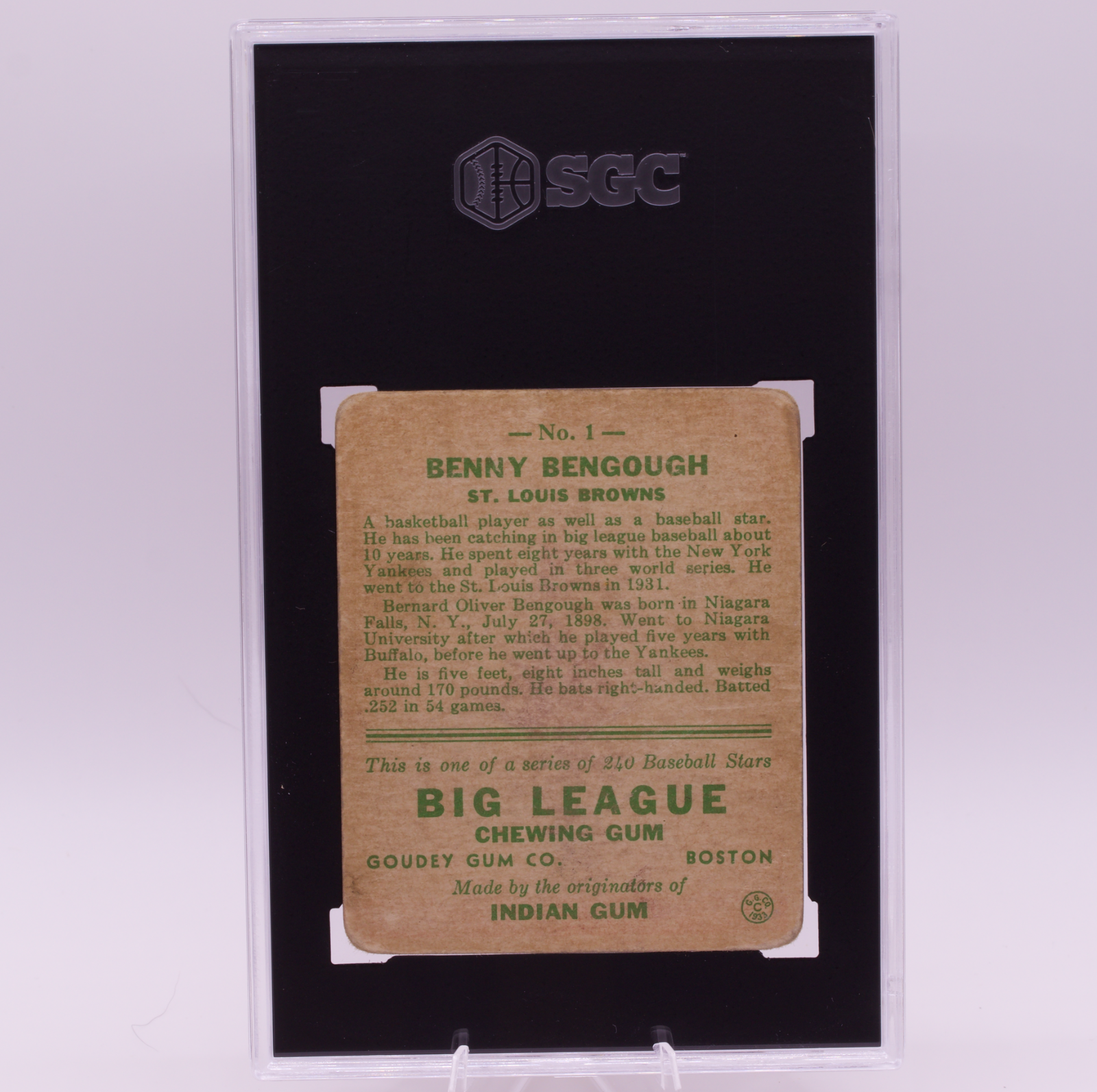 1933 Goudey #1 Benny Bengough SGC 1 PR St. Louis Browns Key Card