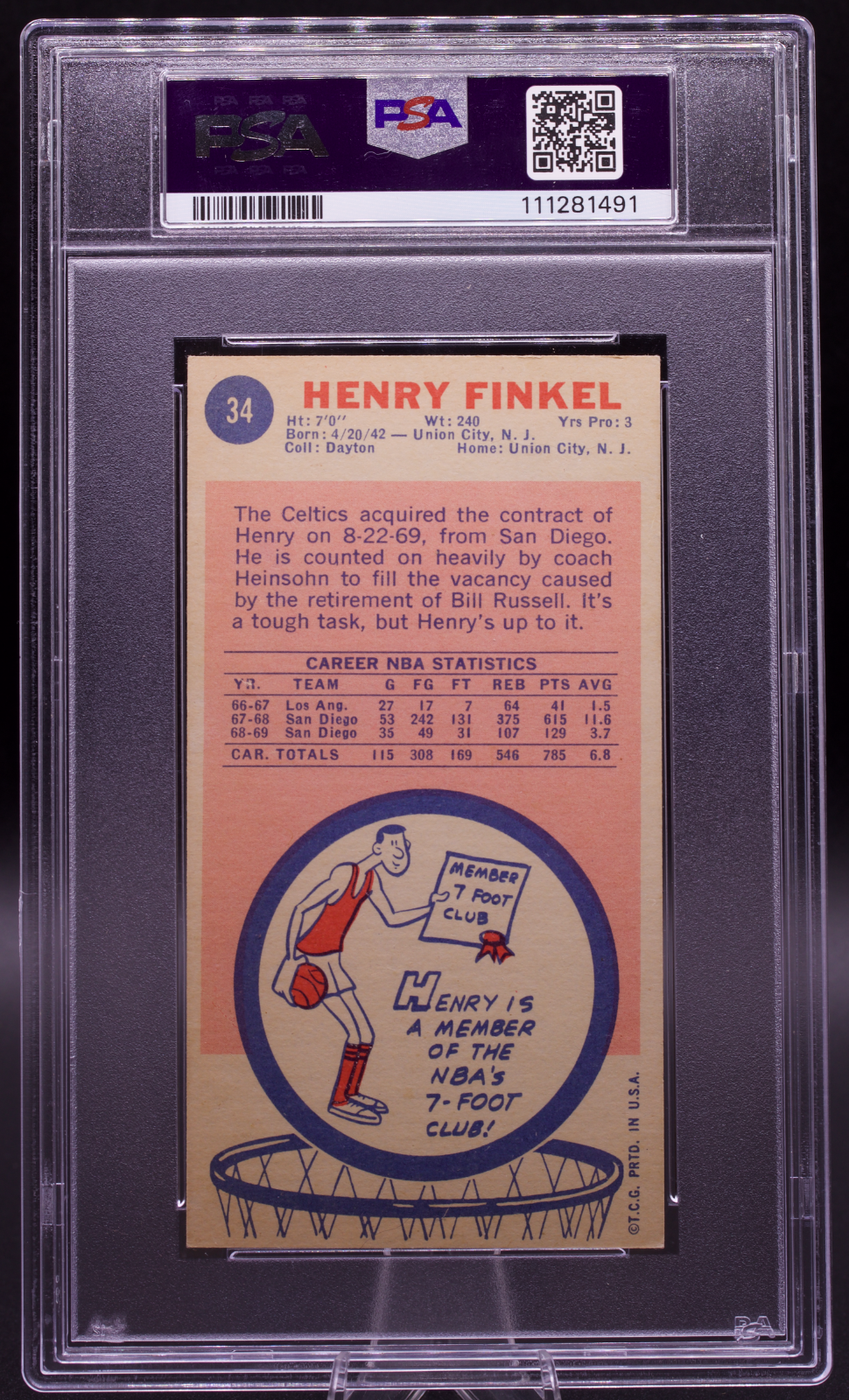 1969 Topps Hank Henry Finkel #34 PSA 5.5 AUTO 10 Signed Boston Celtics Tallboy