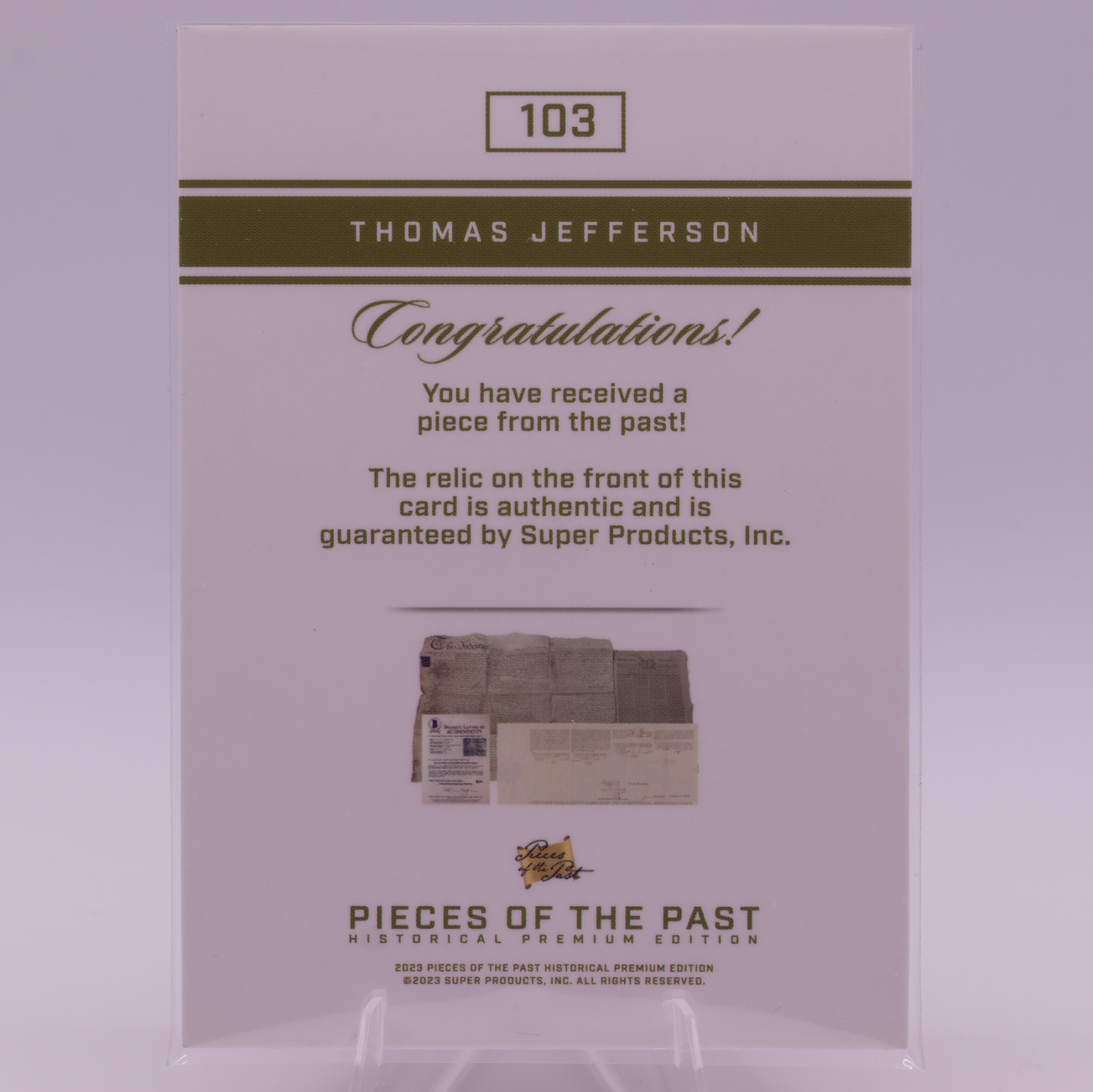 Thomas Jefferson Authentic Relic Card /10 Pieces of the Past #103 President
