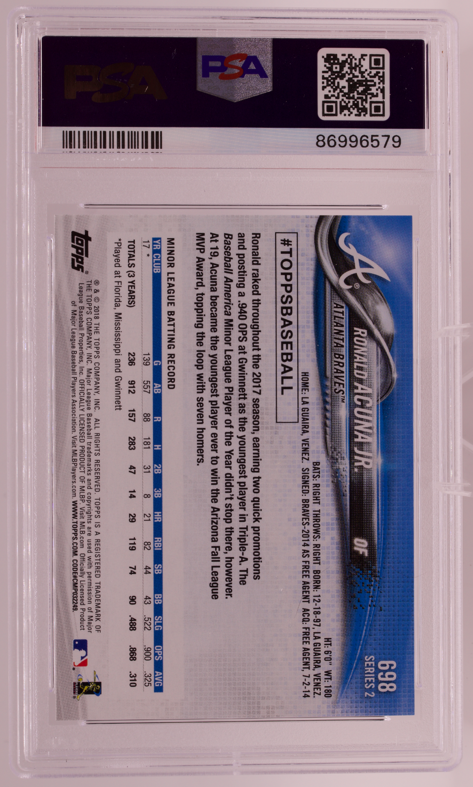2018 Topps Complete Set Ronald Acuna Jr. Bat Pointing Up #698 PSA 10 GEM MT
