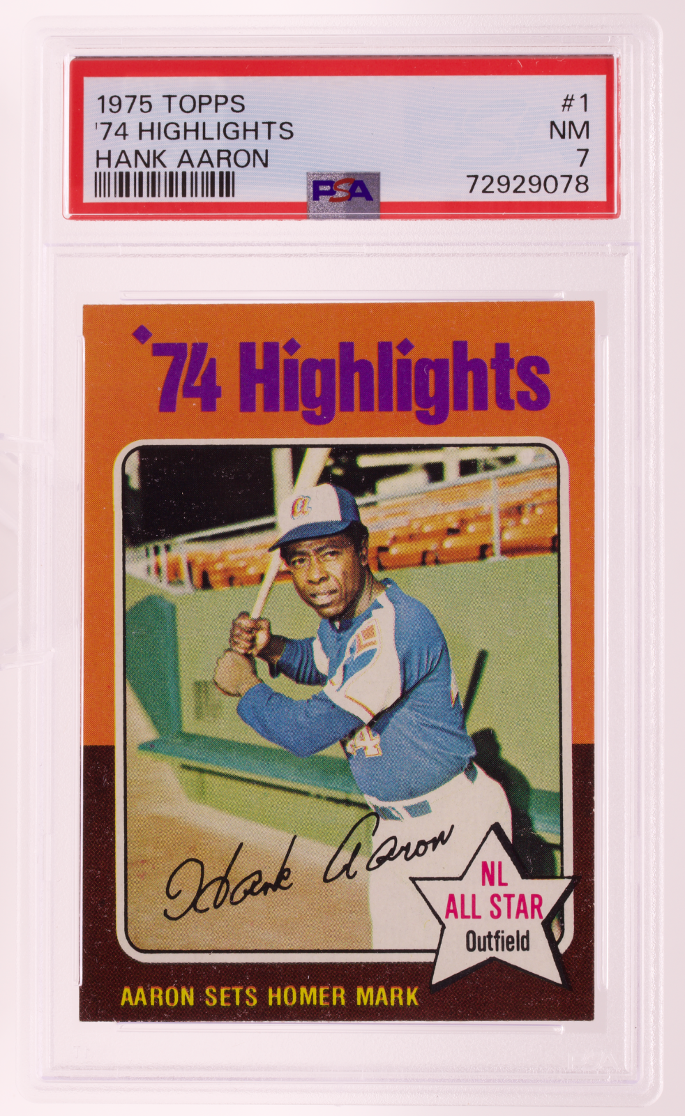 1975 Topps Hank Aaron #1 '74 Highlights PSA 7 NM Braves 715 Home Run Record