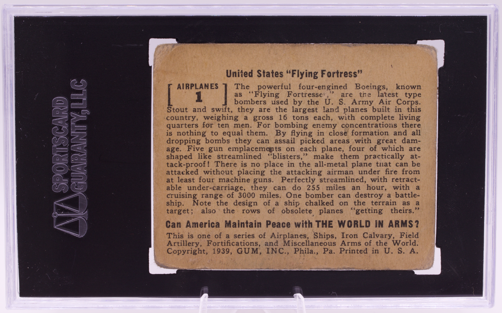 1939 World In Arms #1 US Flying Fortress B-17 Boeing Gum Inc SGC 35 Good+ 2.5