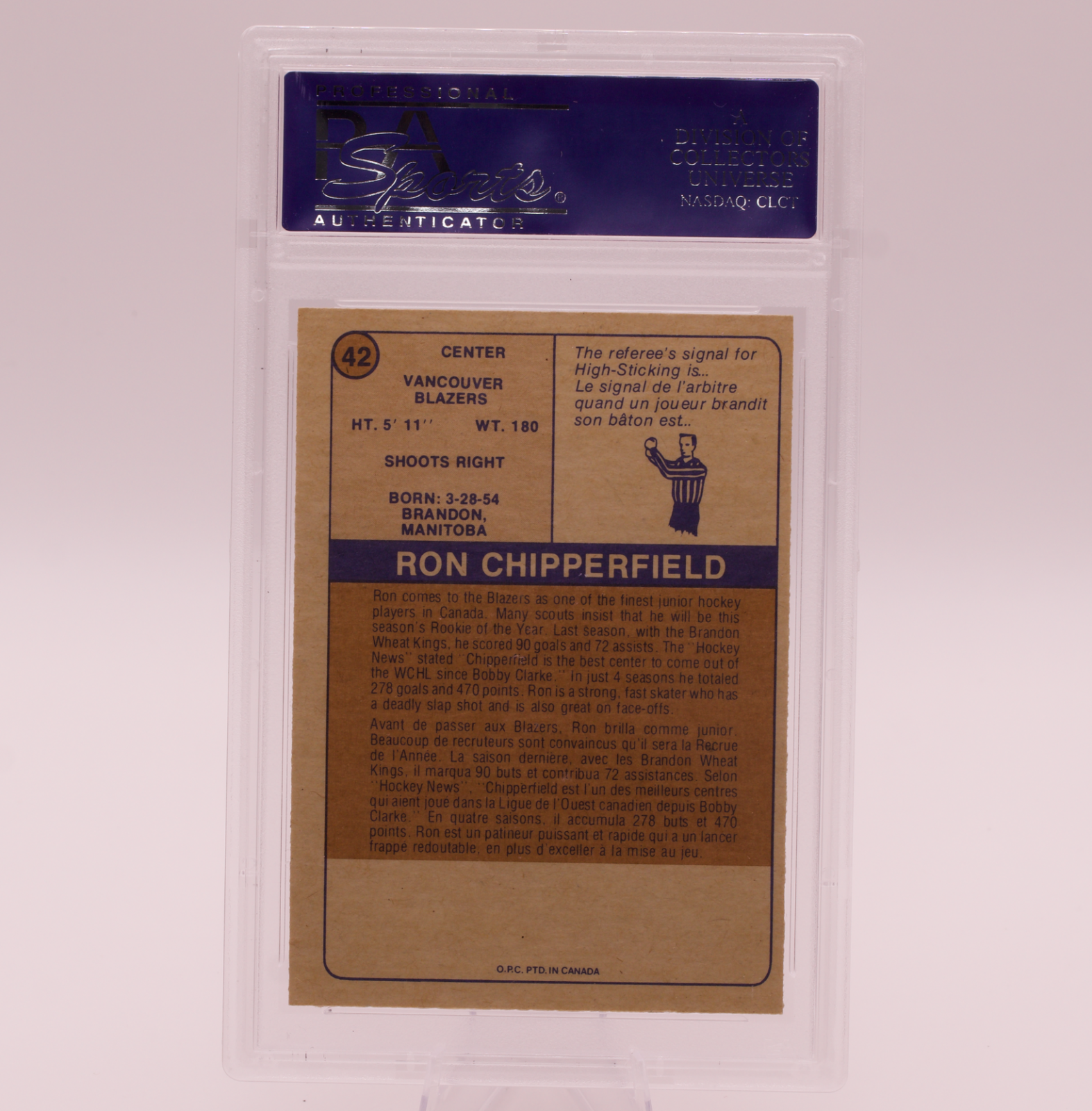 1974 O-Pee-Chee WHA Ron Chipperfield #42 PSA 8 NM-MT Vancouver Blazers Rookie