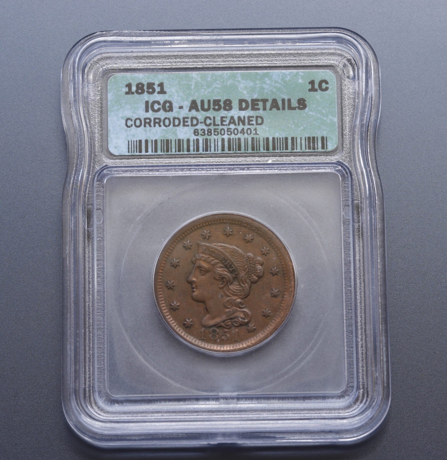 1851 Large Cent Liberty Head ICG AU58 Details Corroded Cleaned Copper Coin