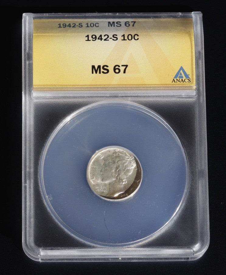 1942-S Mercury Dime MS67 ANACS • WWII Silver • BU Gem