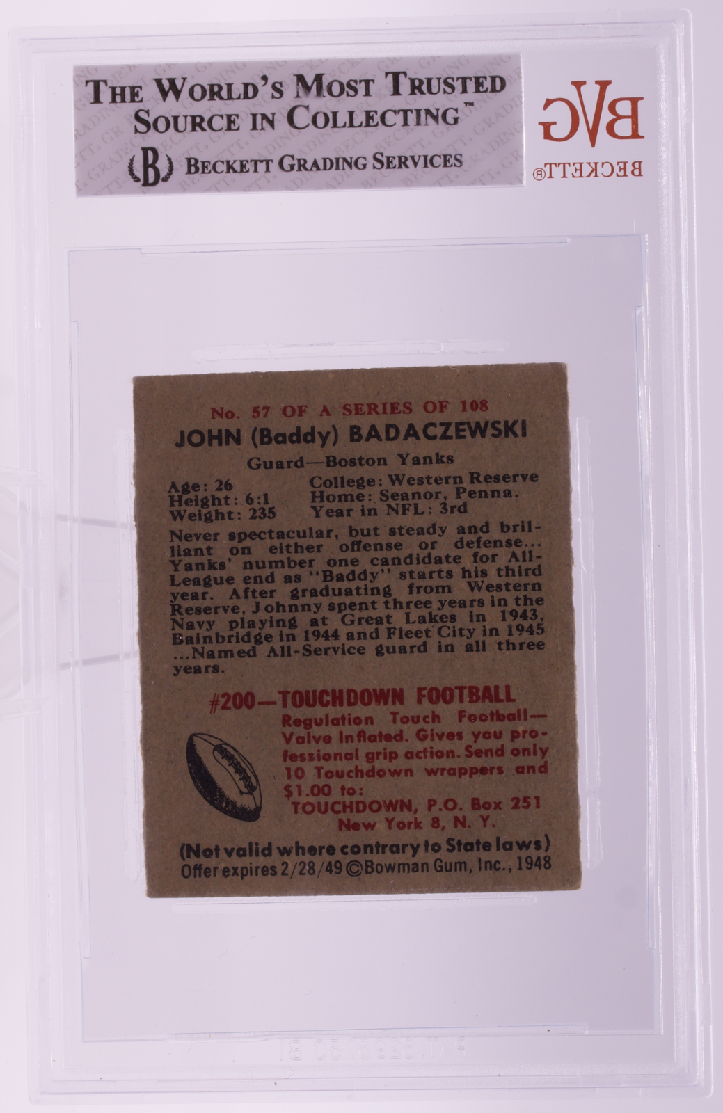 1948 Bowman #57 John Badaczewski SP RC BVG 6 EX-MT Boston Yanks Short Print