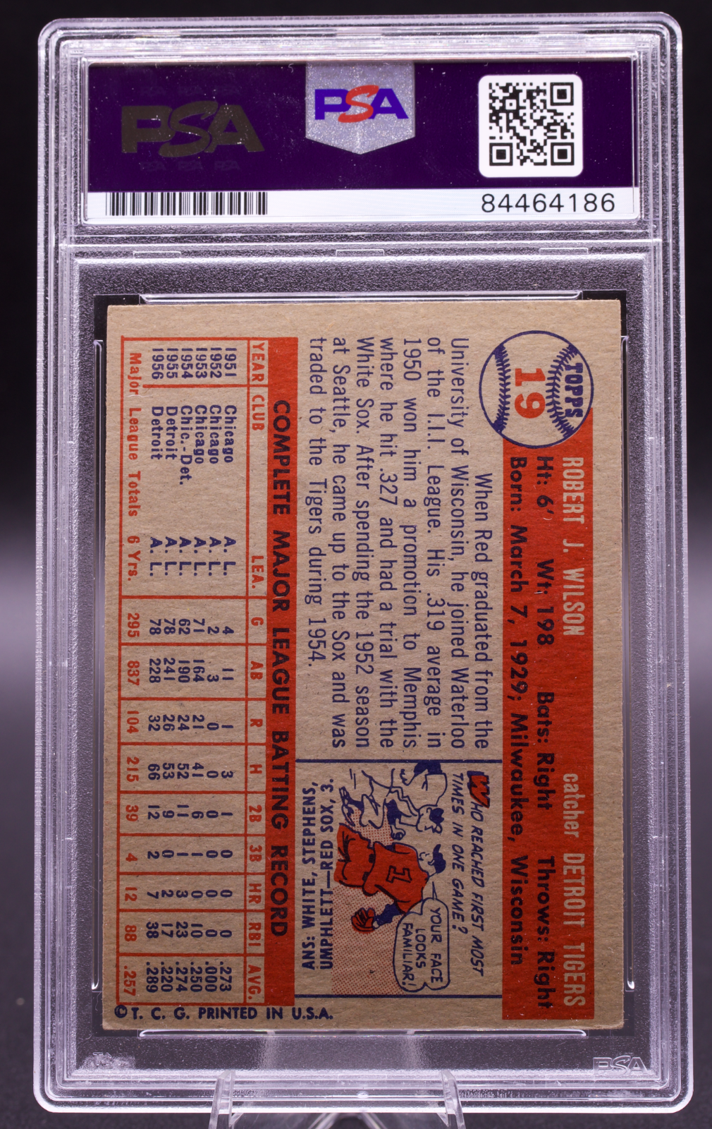 1957 Topps Bob Red Wilson #19 PSA Authentic Auto Signed Detroit Tigers Catcher