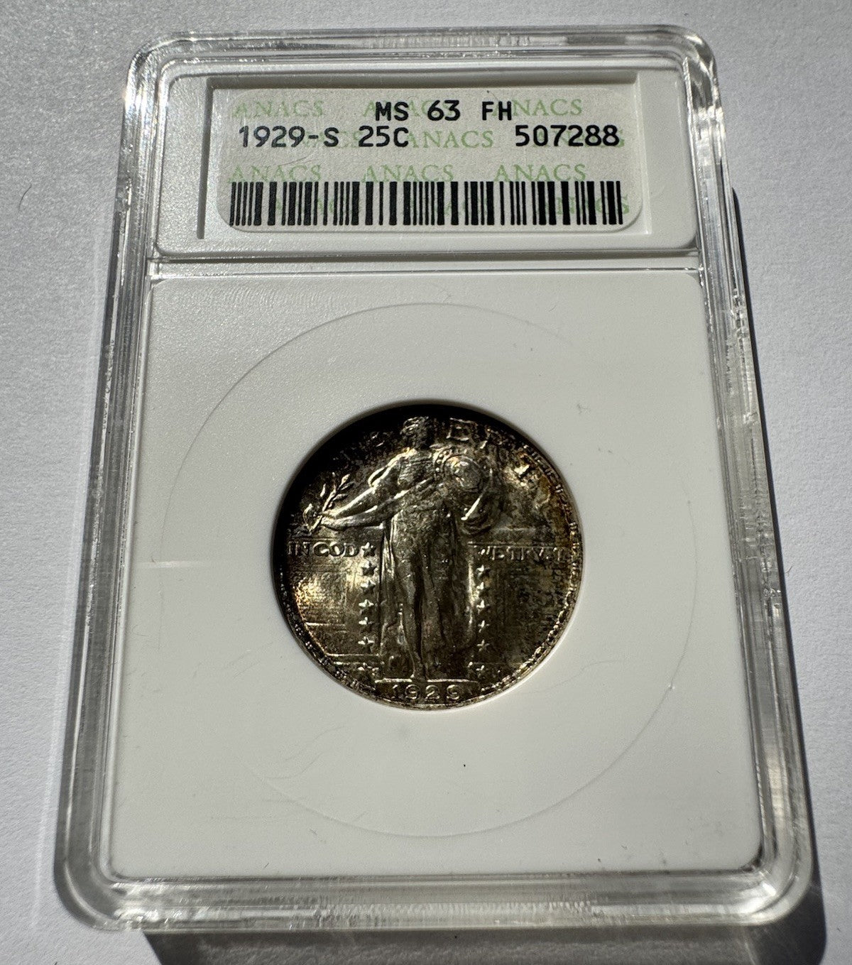 1929‑S Standing Liberty Silver Quarter MS63FH ANACS Soapbox Certified Full Head