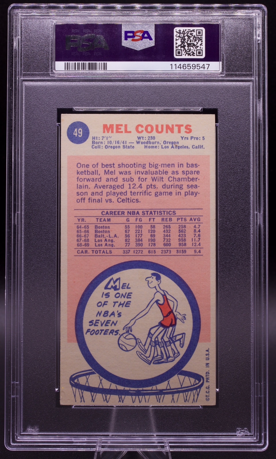 1969 Topps Mel Counts #49 PSA Authentic AUTO 9 Signed LA Lakers Tallboy Vintage