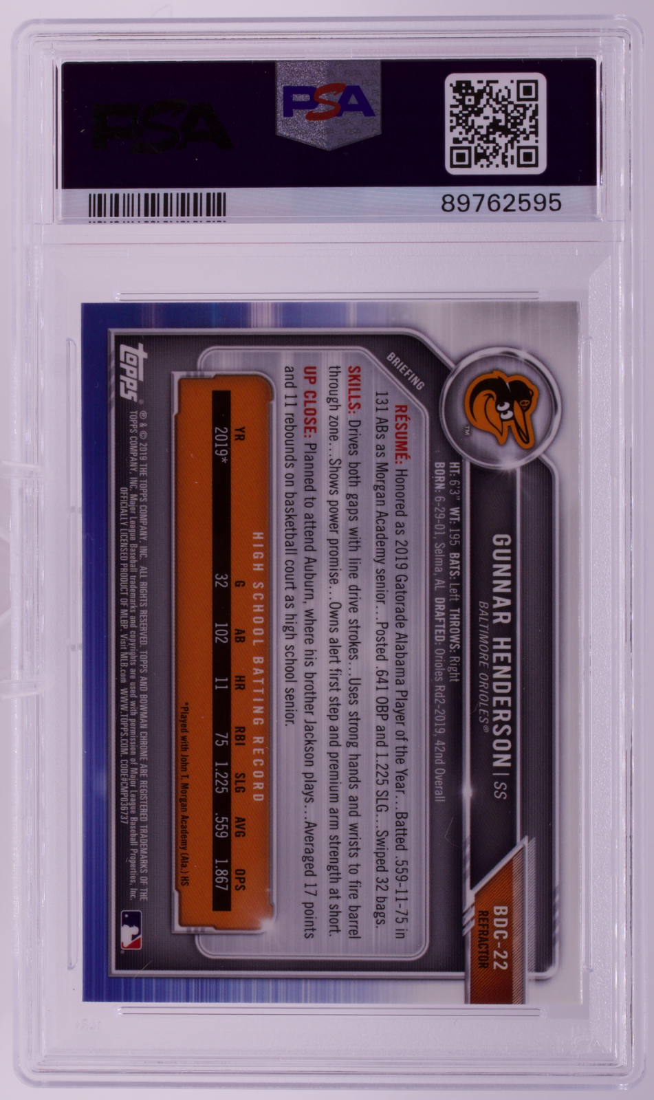 2019 Bowman Draft Gunnar Henderson Chrome Refractor RC PSA 10 GEM MT