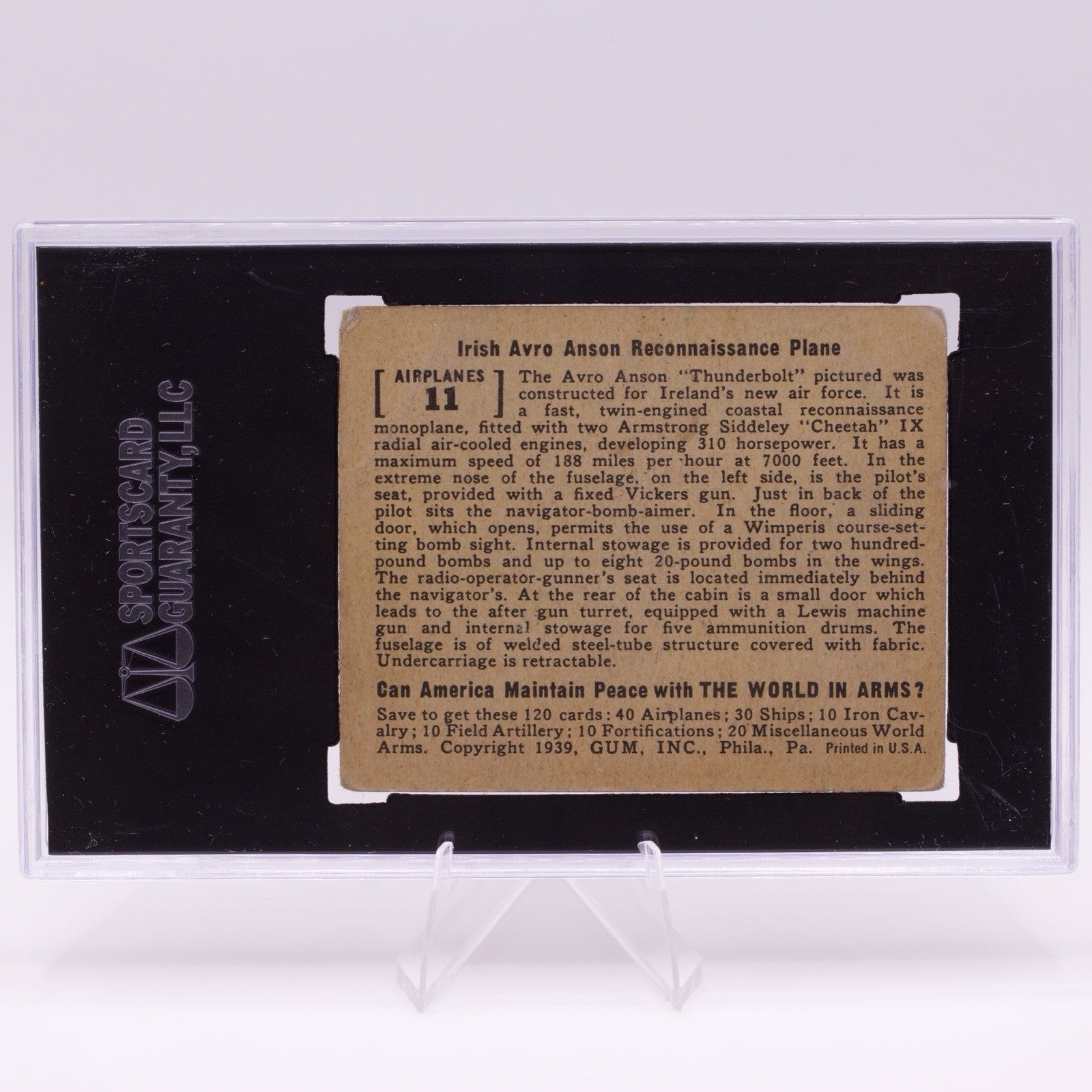 1939 Gum Inc World in Arms #11 Irish Avro Anson SGC 2 GOOD WWII Plane Card