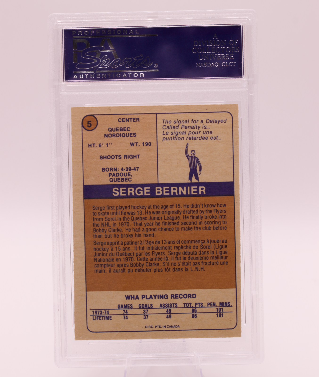 1974 O-Pee-Chee WHA #5 Serge Bernier PSA 8 NM-MT Quebec Nordiques