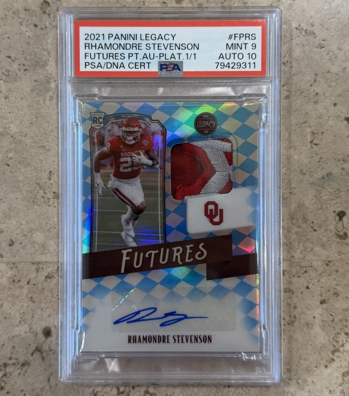 2021 Panini Legacy Rhamondre Stevenson Futures Patch Auto Platinum 1/1 PSA 9