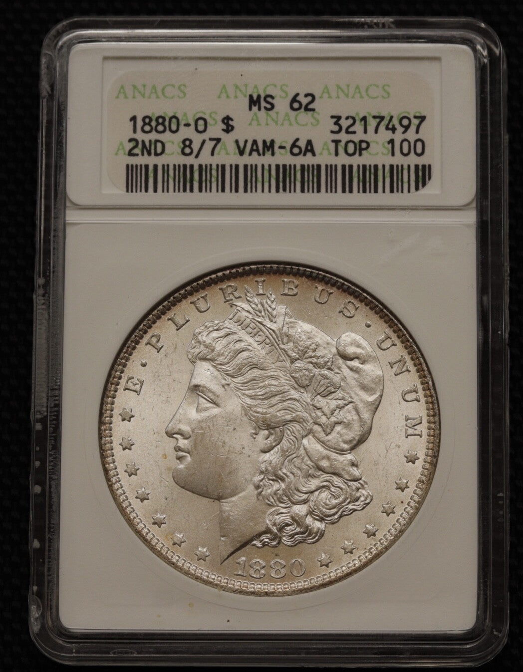 1880 8/7-O Morgan Silver Dollar ANACS MS62 Top 100 VAM-6A Overdate Variety Gem