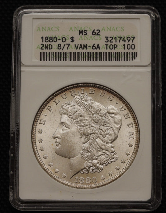 1880 8/7-O Morgan Silver Dollar ANACS MS62 Top 100 VAM-6A Overdate Variety Gem