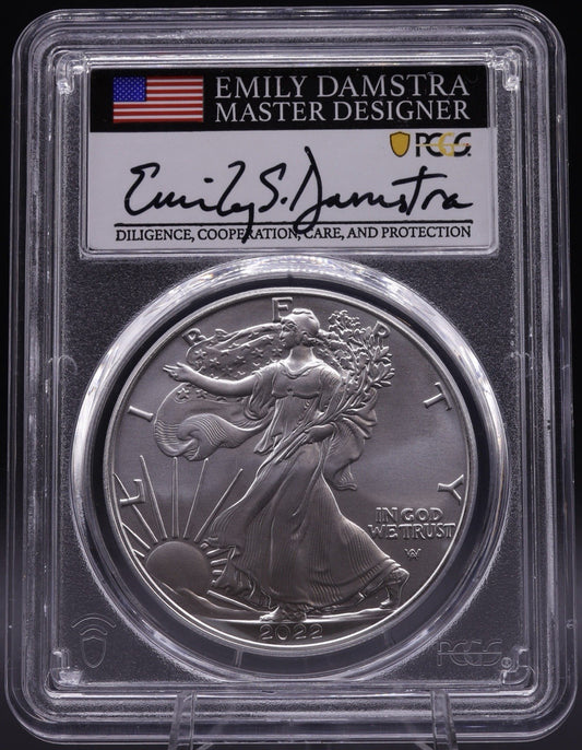 2022 Silver Eagle PCGS MS70 First Strike Emily Damstra Signed 1 Oz Silver coin