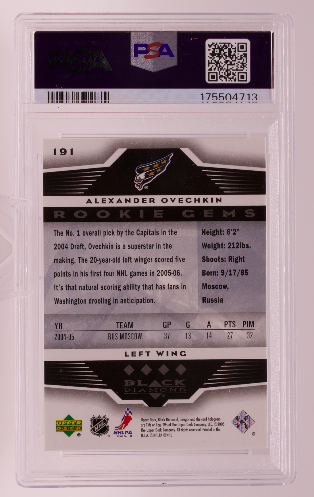 2005-06 UD Black Diamond Alexander Ovechkin Rookie Gems RC #191 Quadruple PSA 9