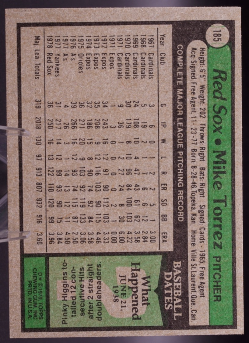 1979 Topps #185 Mike Torrez Boston Red Sox Pitcher Vintage Baseball Card