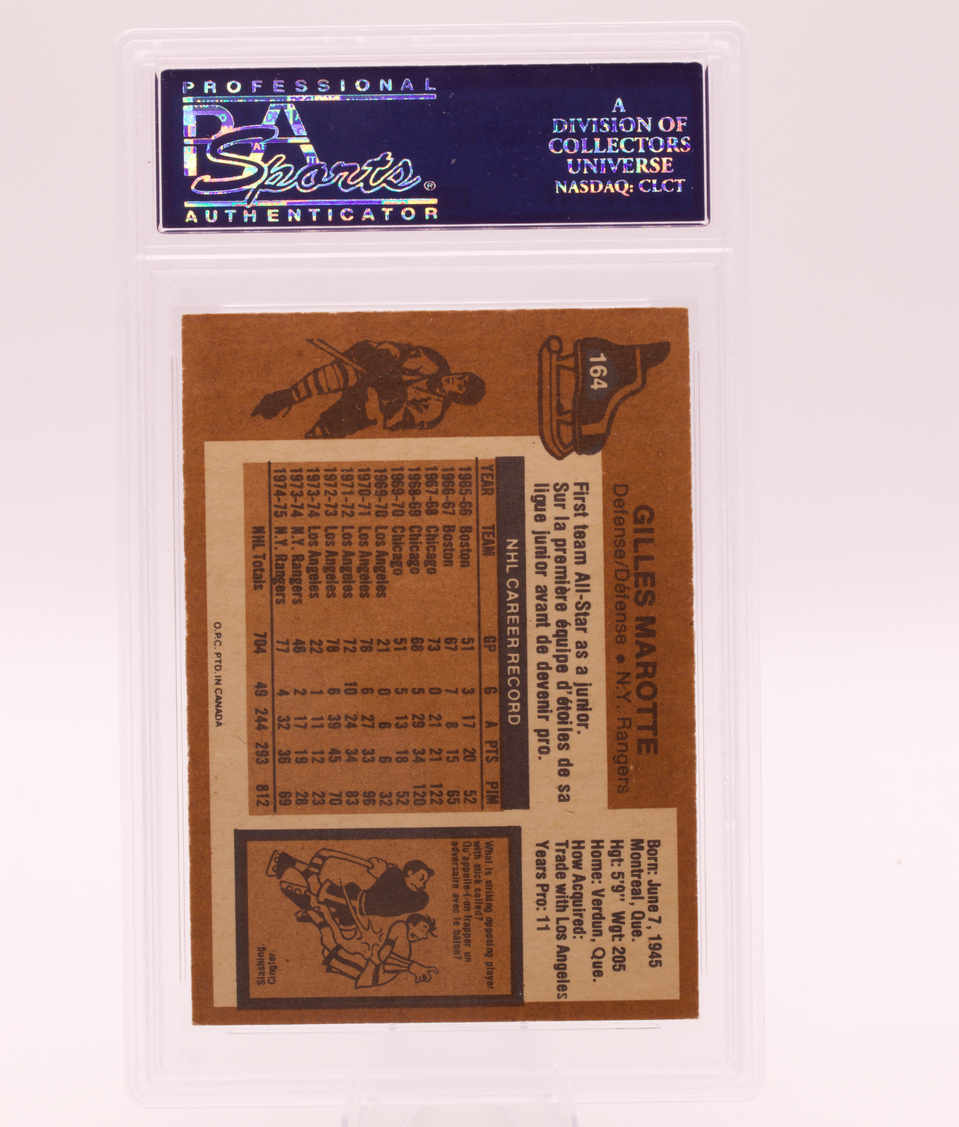 1975 O-Pee-Chee #164 Gilles Marotte PSA 8 NM-MT New York Rangers Defense Card
