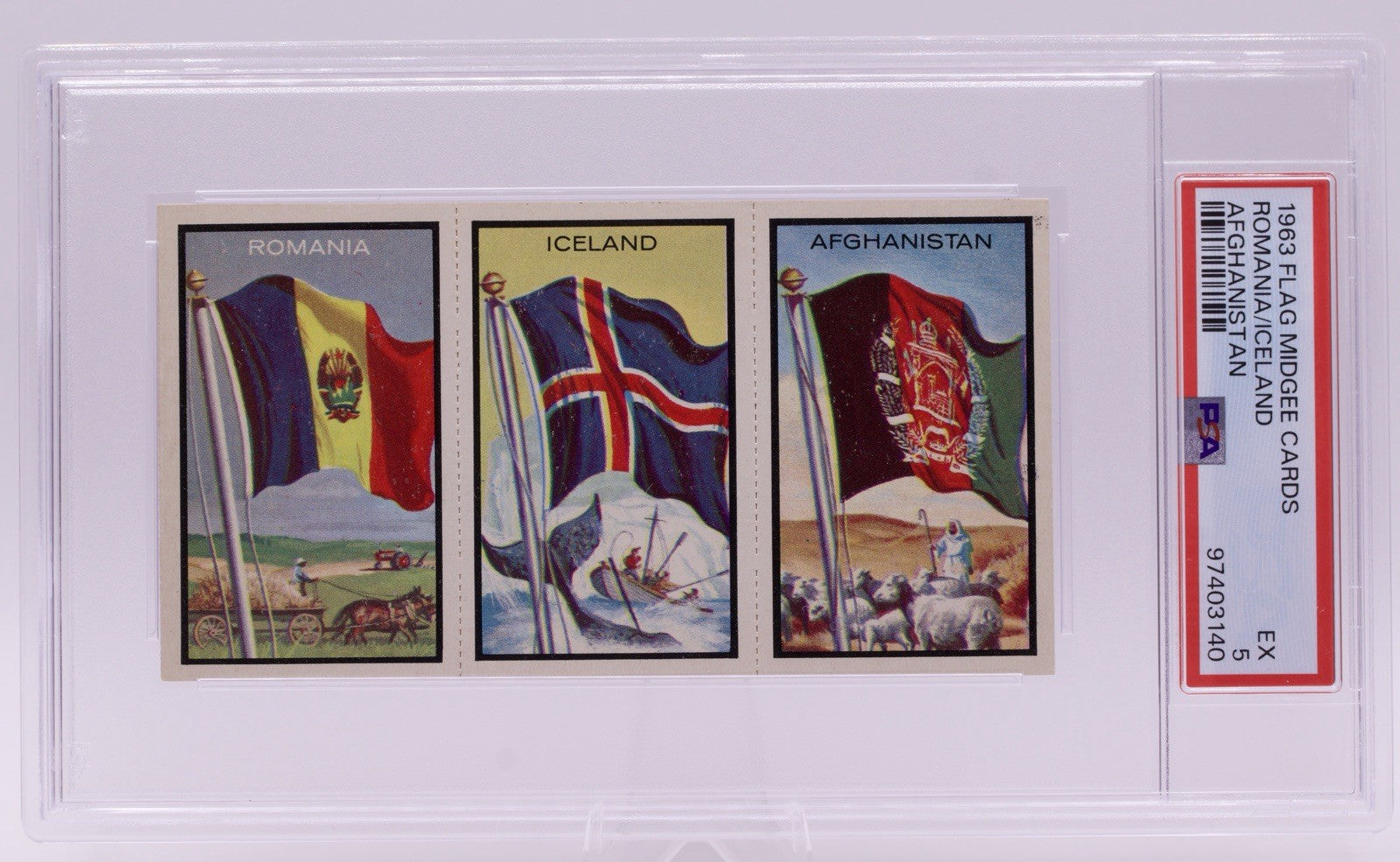 Flag Midgee 1963 Romania/Iceland/Afghanistan 3-Card Strip PSA EX 5 Vintage