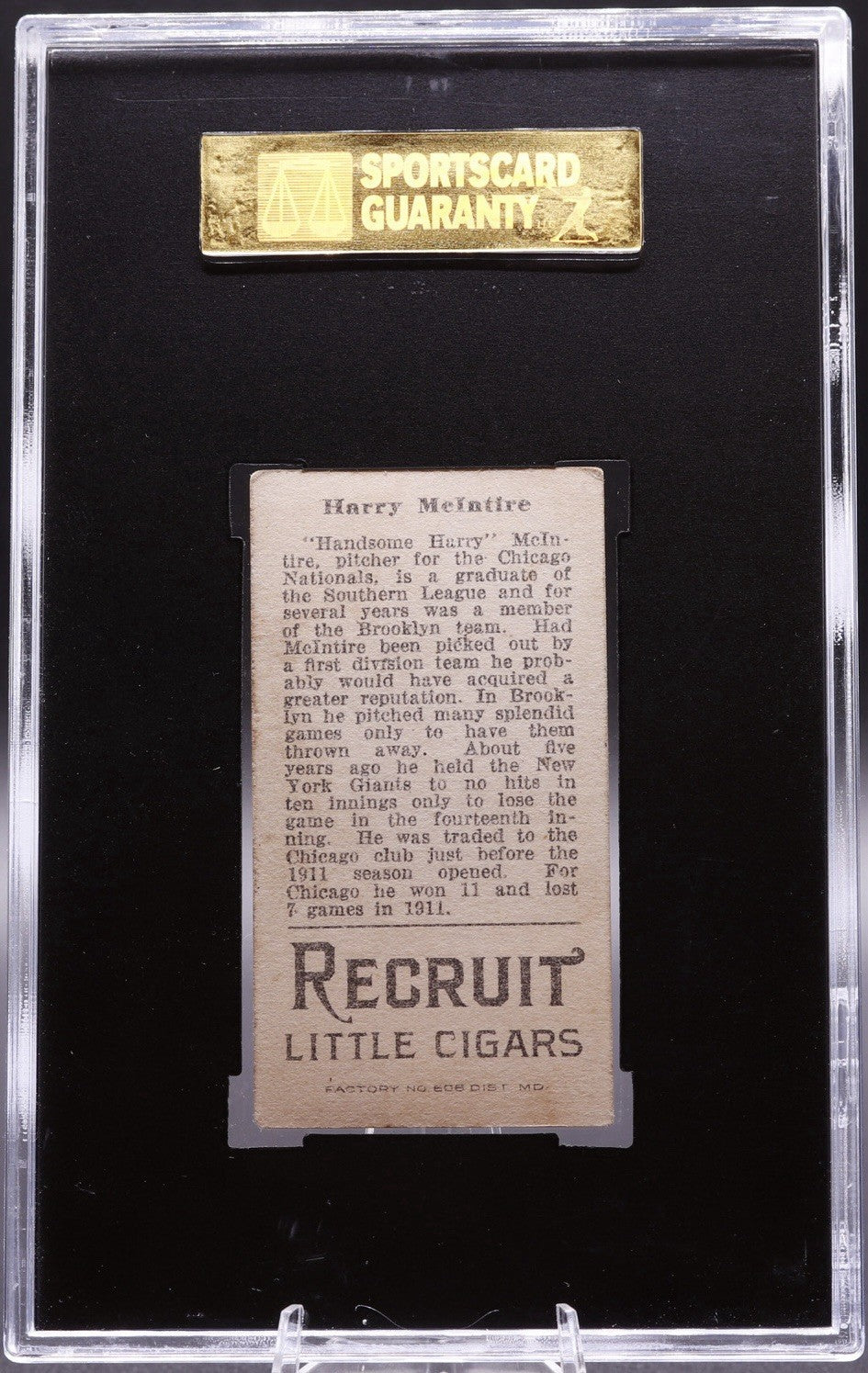 1912 T207 Recruit Cigars Harry McIntire SGC 3 VG Brown Background Cubs