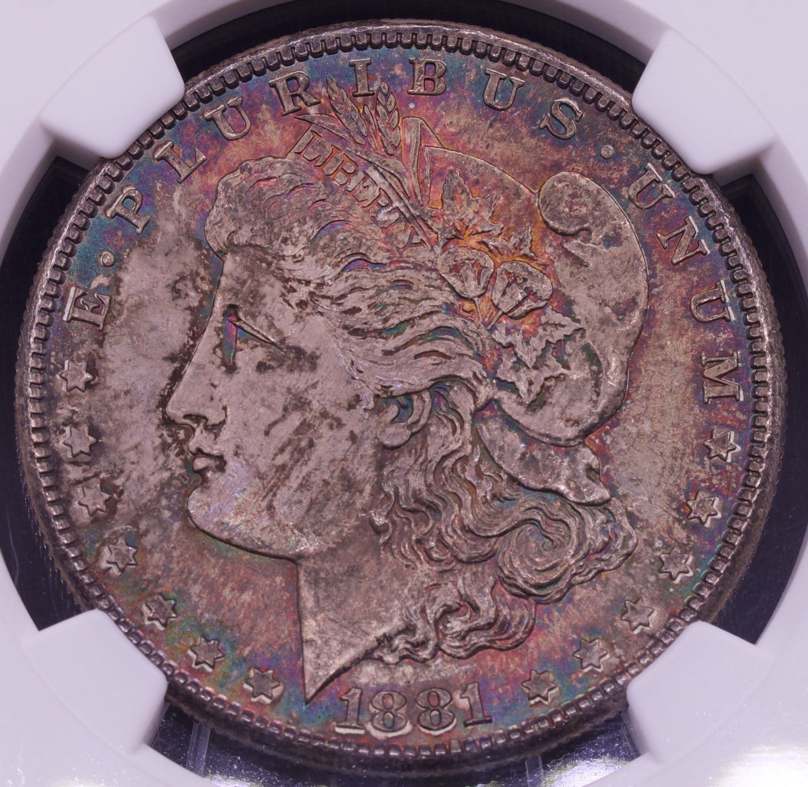 1881-S Morgan Silver Dollar NGC MS 67 Monster Toned Rainbow Obverse Gem BU