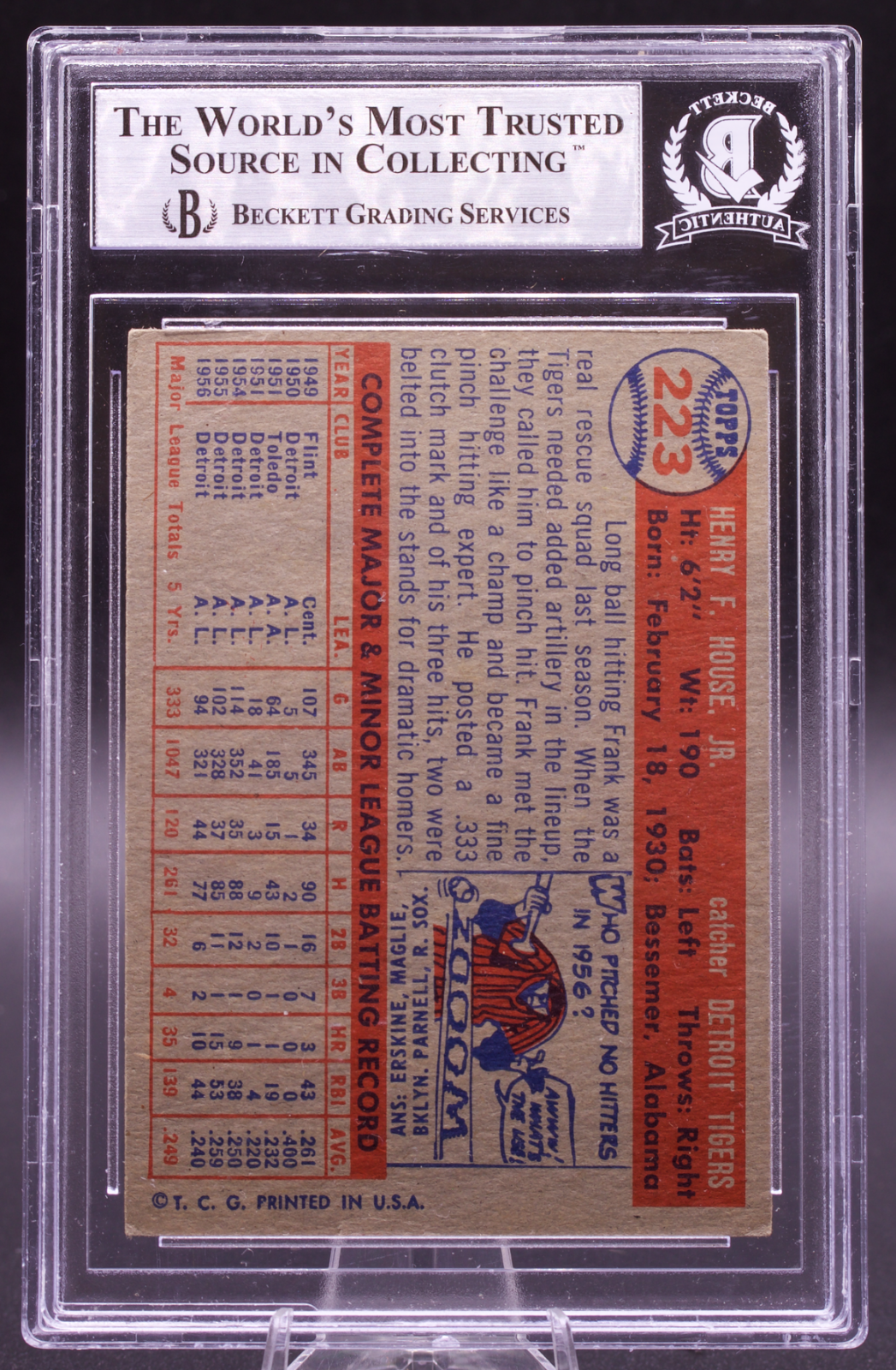 1957 Topps Frank House #223 Beckett Authentic Auto Signed Detroit Tigers Catcher