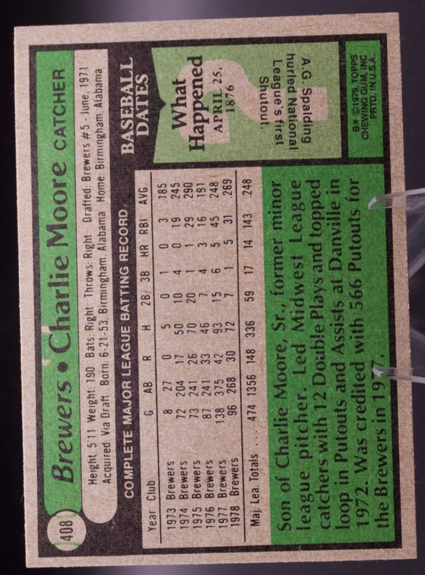 1979 Topps #408 Charlie Moore - Milwaukee Brewers Catcher - Vintage MLB Card!
