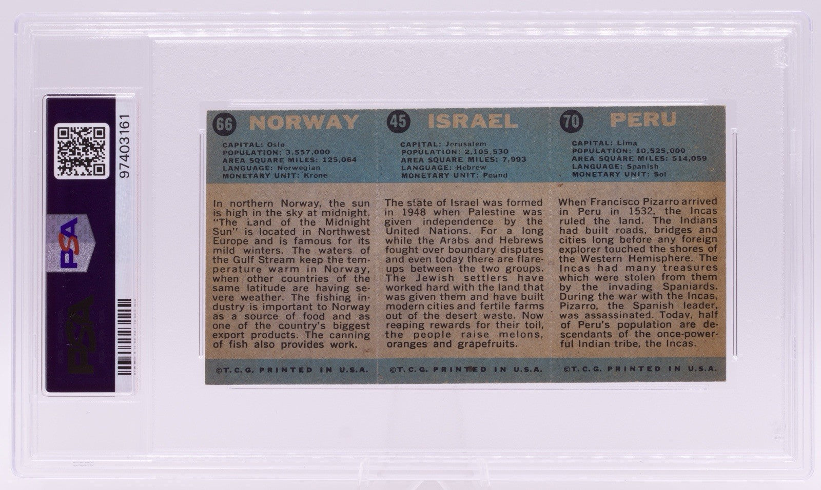 1963 Flag Midgee Cards Peru Israel Norway PSA EX-MT 6 Vintage Uncut Strip