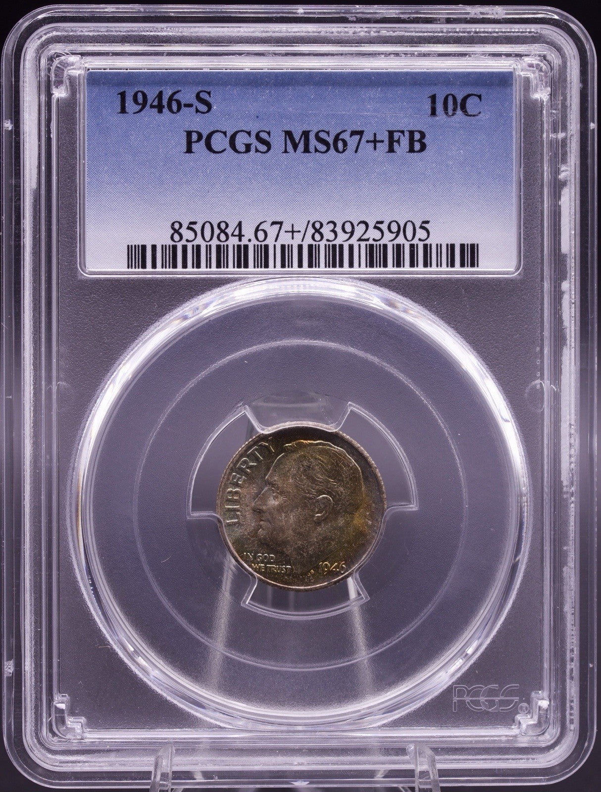 1946-S Roosevelt Dime PCGS MS67+ FB Full Bands Rainbow Toned 10C Silver Coin