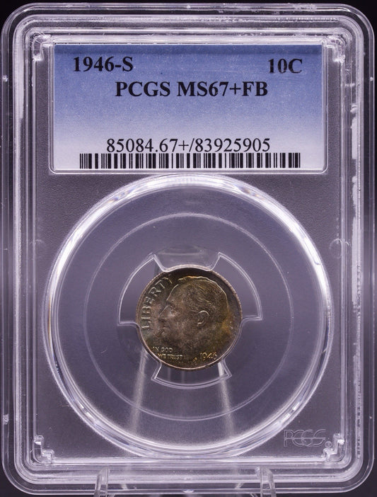 1946-S Roosevelt Dime PCGS MS67+ FB Full Bands Rainbow Toned 10C Silver Coin