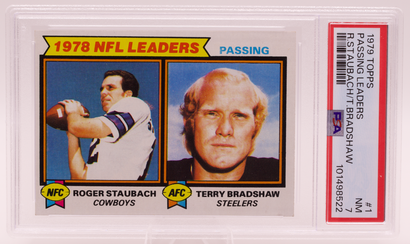 1979 Topps Passing Leaders Roger Staubach Terry Bradshaw #1 PSA 7 NM Steelers