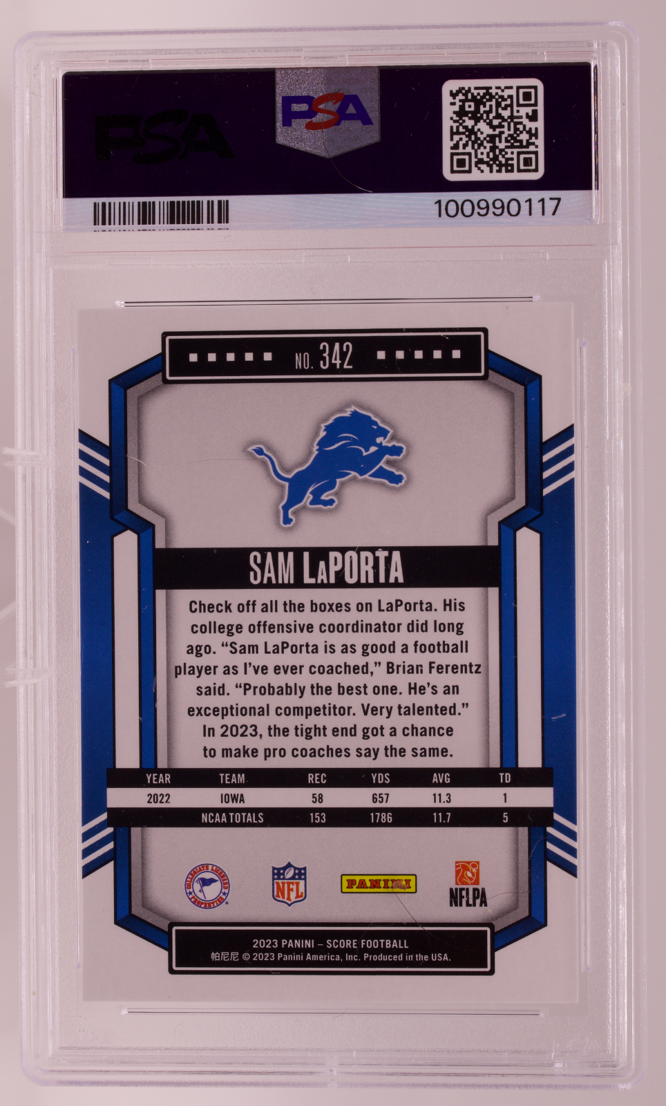 2023 Panini Score Sam LaPorta Rookie RC #342 PSA 10 GEM MINT Detroit Lions