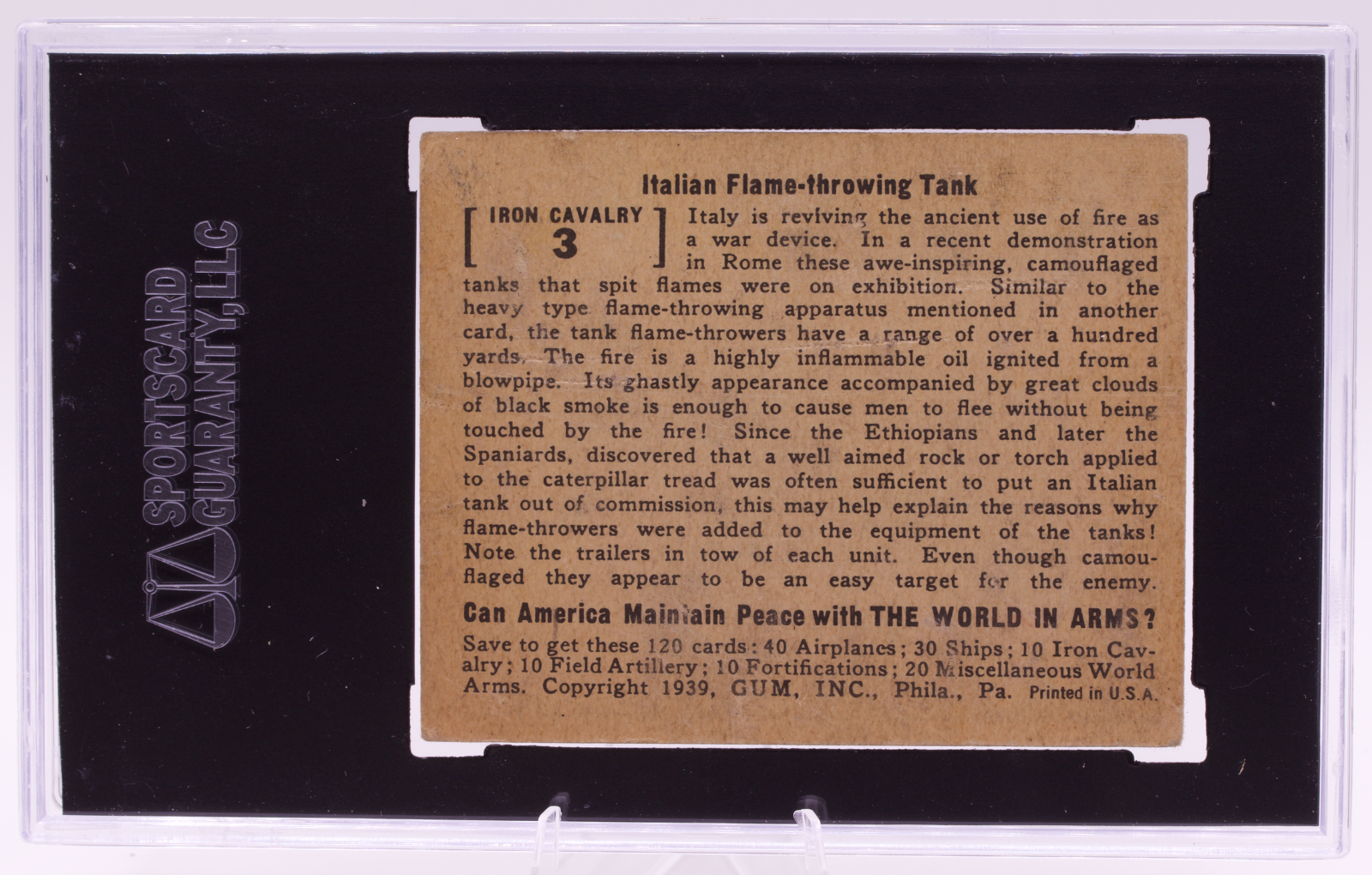 1939 Gum Inc World In Arms #3 Italian Flame-Throwing Tank SGC 2 Good Cavalry WW2