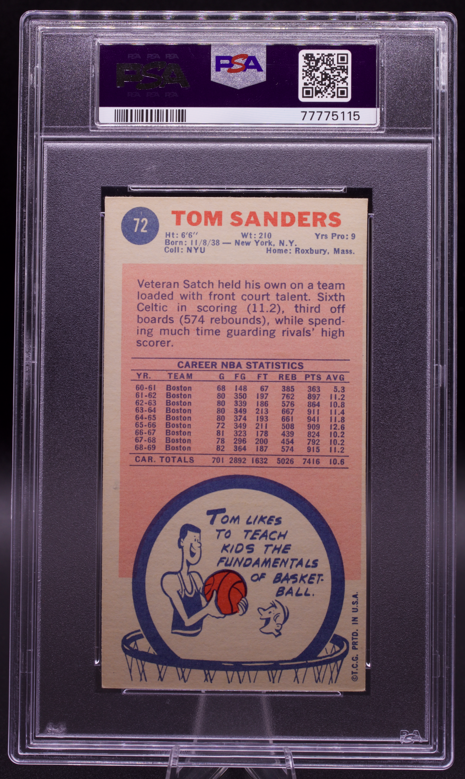 1969 Topps Tom Satch Sanders #72 PSA 6 AUTO 10 Inscribed Celtics Tallboy HOF
