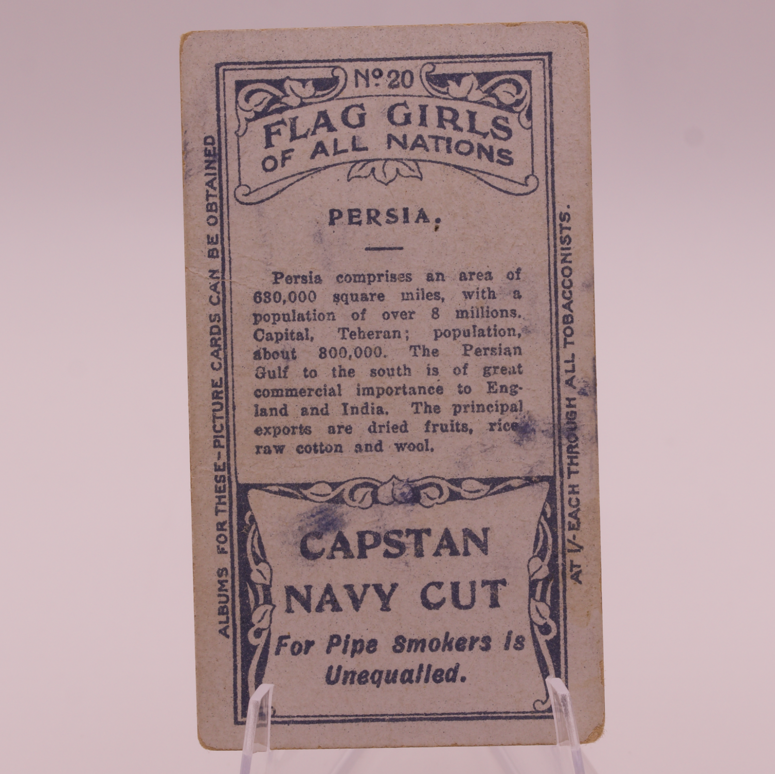 1908 Wills Flag Girls of All Nations #20 PERSIA Capstan Navy Cut Tobacco Card