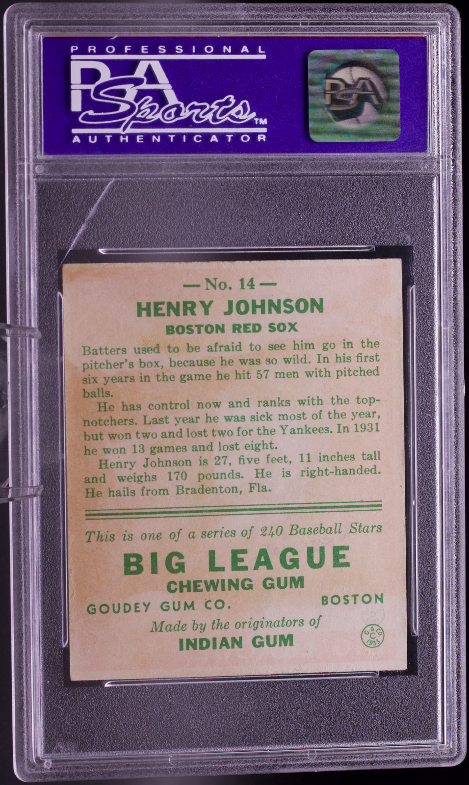 1933 Goudey #14 Henry Johnson PSA 6 ST EX-MT Boston Red Sox Big League Gum Card