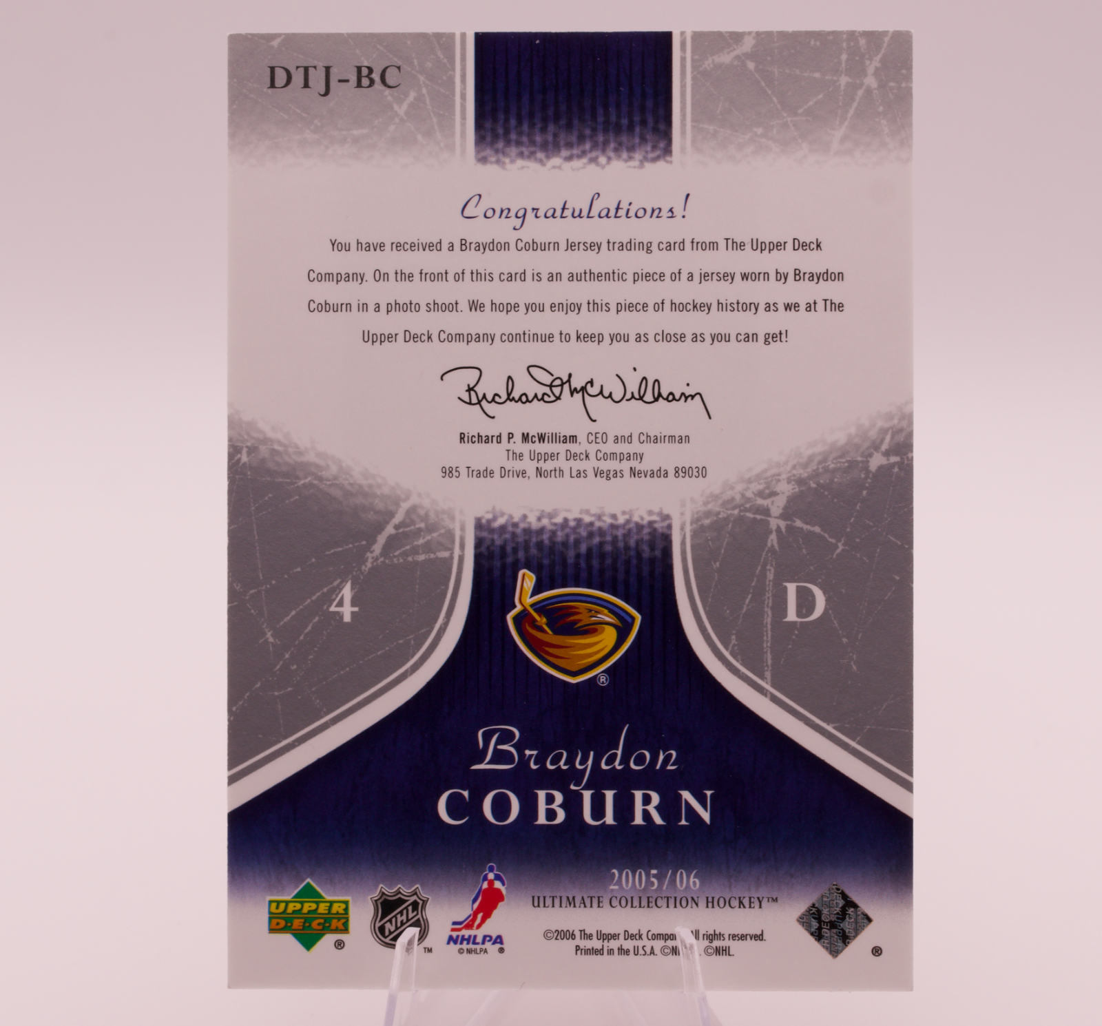 2005-06 Upper Deck Ultimate Collection Braydon Coburn Debut Threads Jersey /250